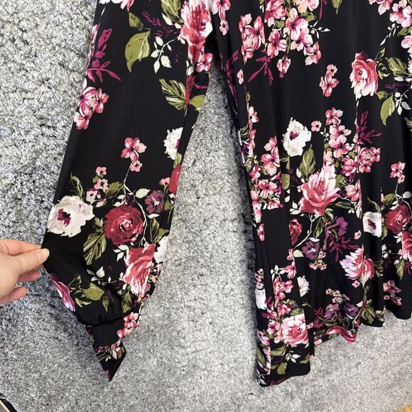 Karen Kane Black Floral Dress Long Sleeve Medium Scoop Neck Pink Purple Flowers - Picture 3 of 10